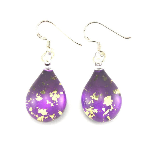 WSWE558 - Purple Glass Teardrop Gold Fleck Drop Earring