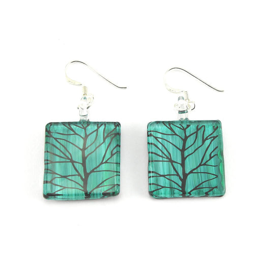 WSWE561 - Green Glass Square Branch Drop Earring