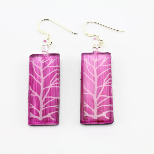 WSWE577 - Rectangle Pink Tree Of Life Glass Earrings