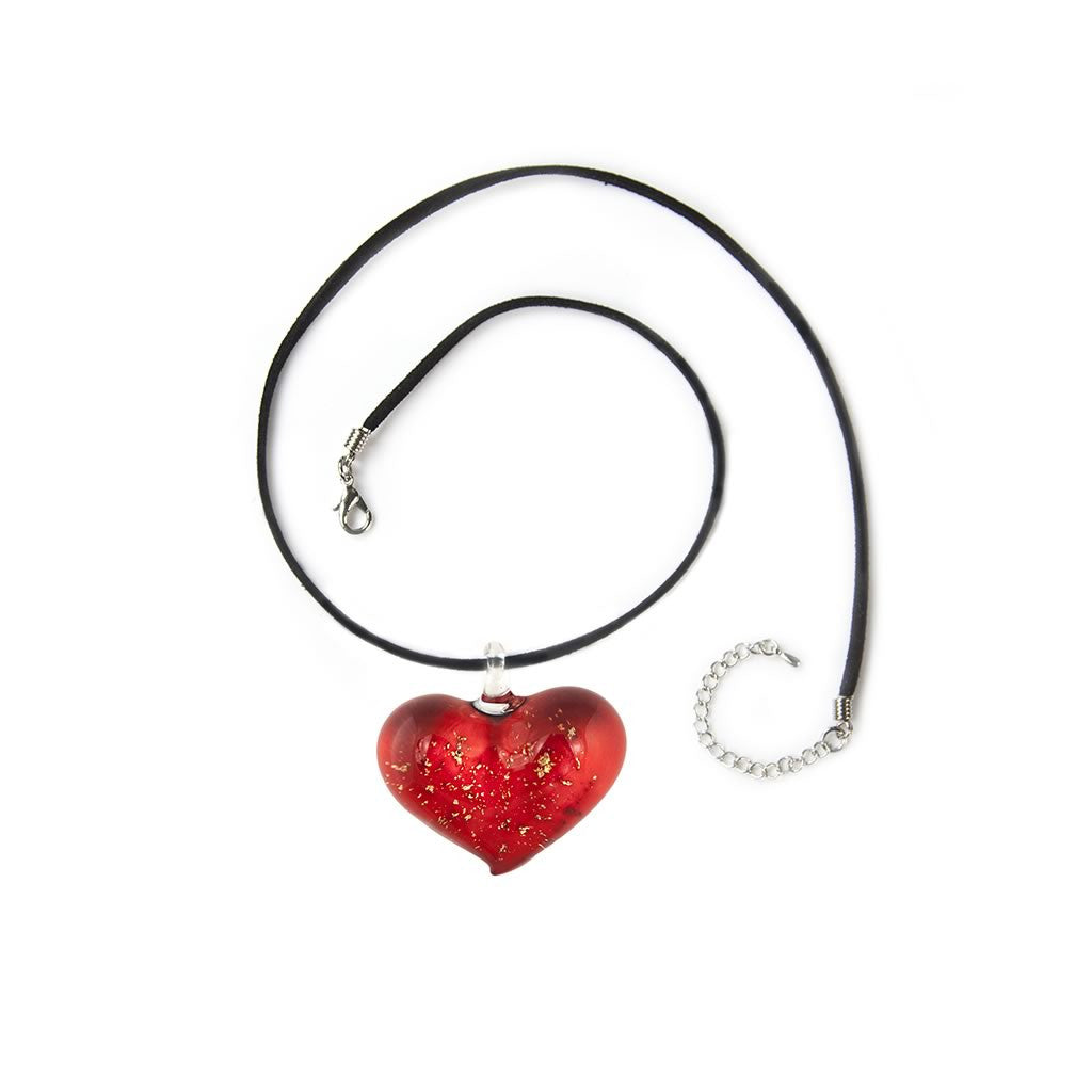 SWN522 - Red Glass Heart Gold Fleck Pendant Necklace